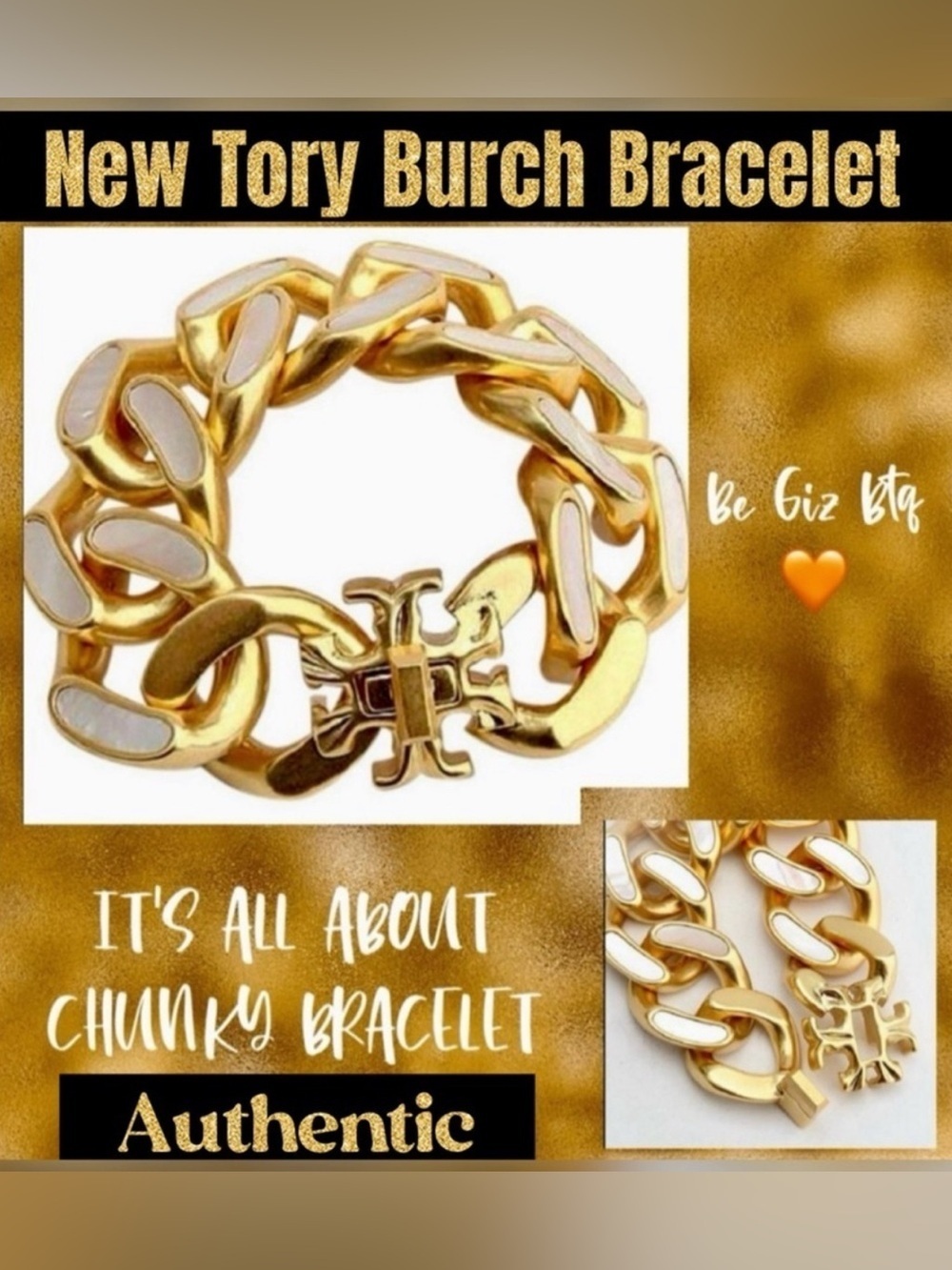 Authentic Tory Burch Gold and Cream Cocktail Statement Bracelet